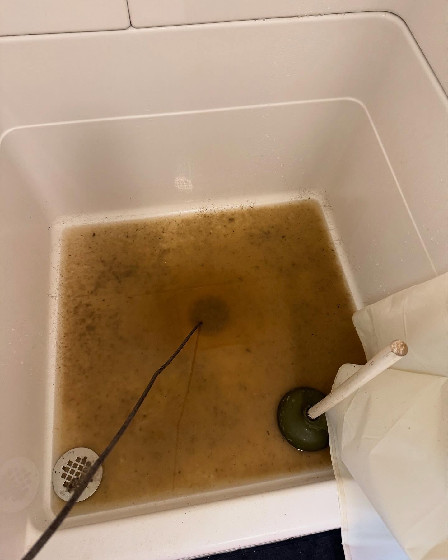 A utility sink filled with murky brown water, a green plunger, and a drain snake submerged; grime and dirt are visible on the sink surface.